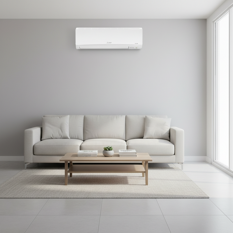 Climatiseur mural intégré dans un salon lumineux